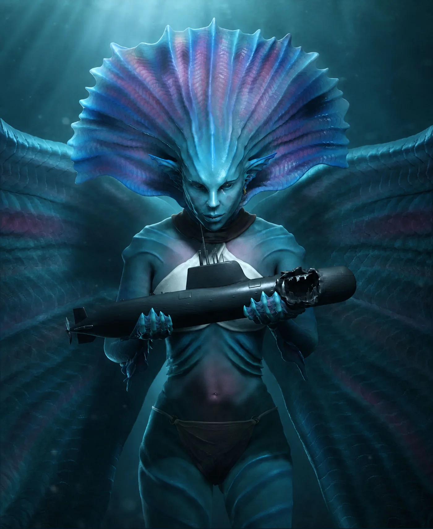 Winged sea creature with a fanned crest, cradling a torn-open submarine