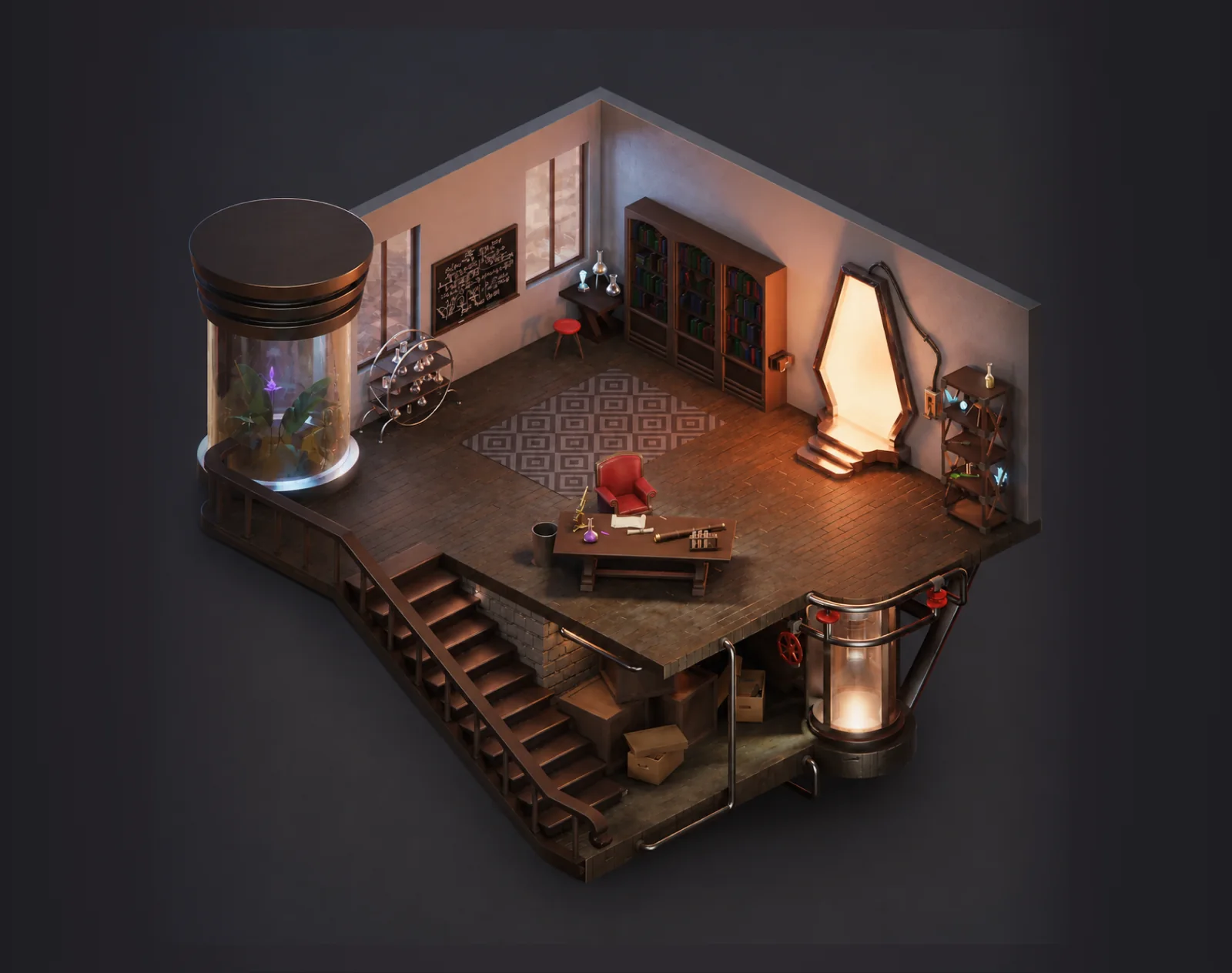 Isometric cutaway of a lamplit study — a lit specimen tank, a chalkboard and a stairwell down to a boiler