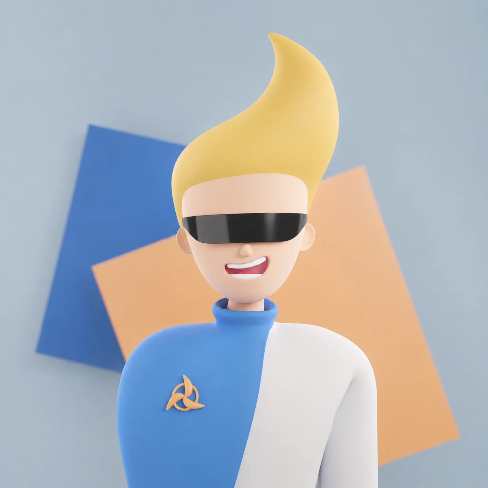 Stylised 3D character with a swept yellow quiff and a black visor, against blue and orange panels