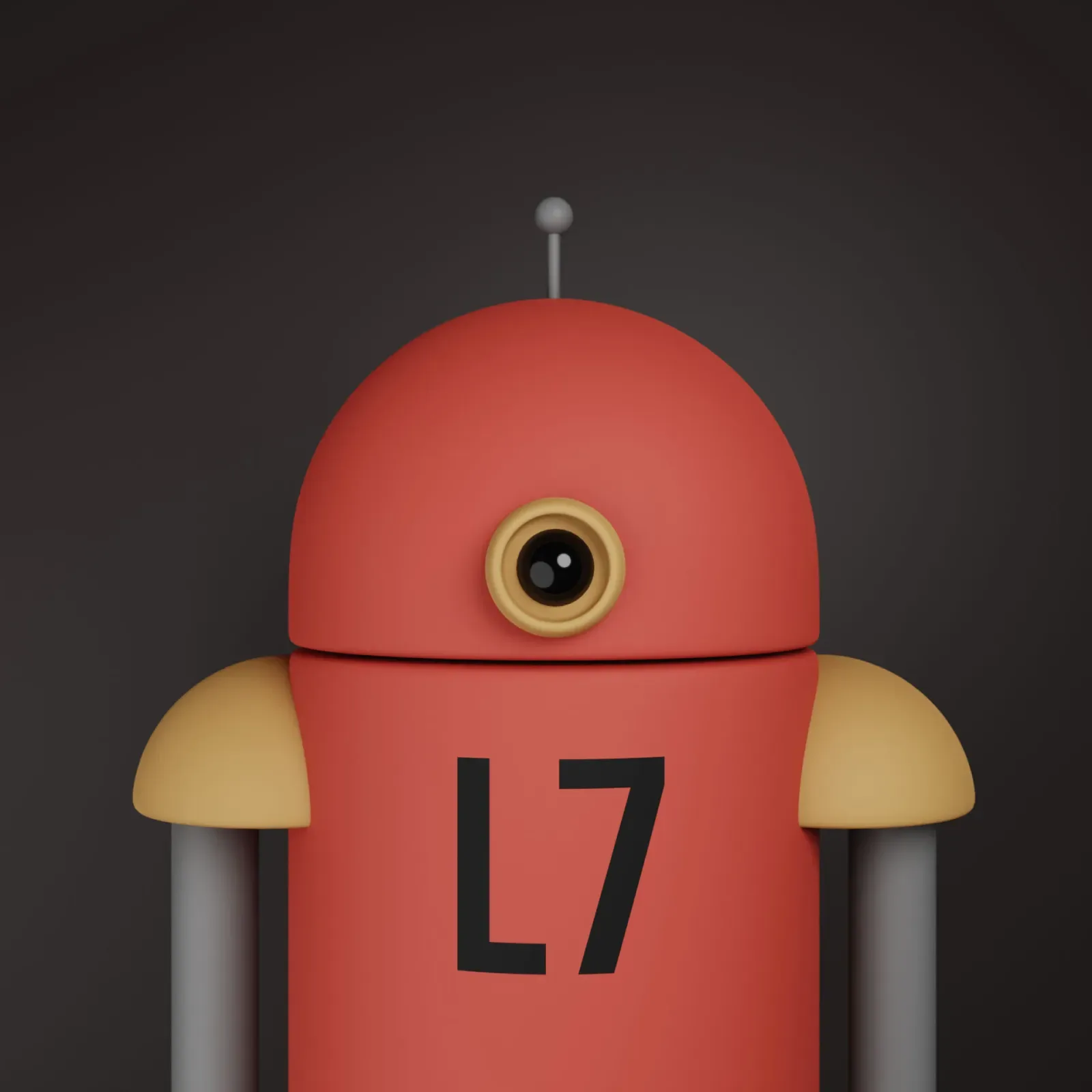 Stylised red one-eyed robot marked L7