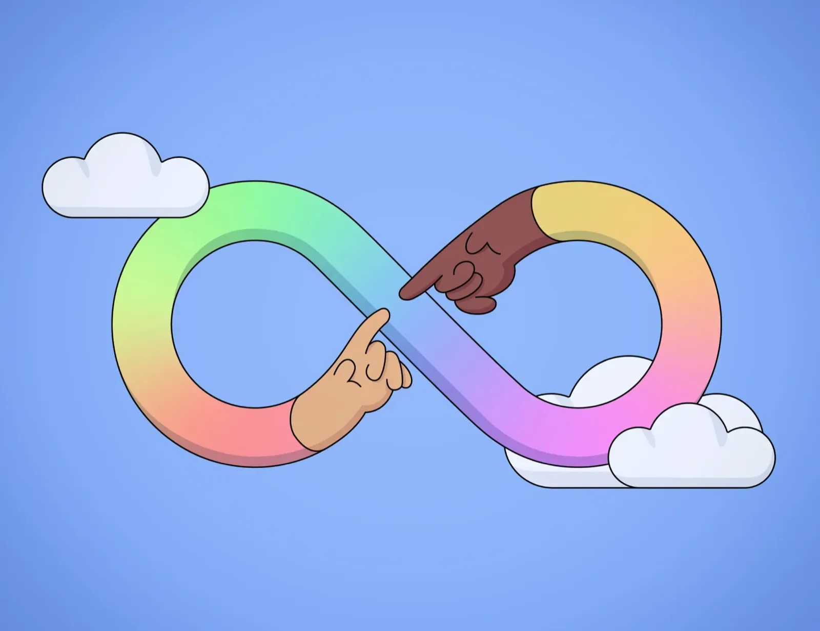 Two arms forming an infinity loop in a rainbow gradient against a blue sky