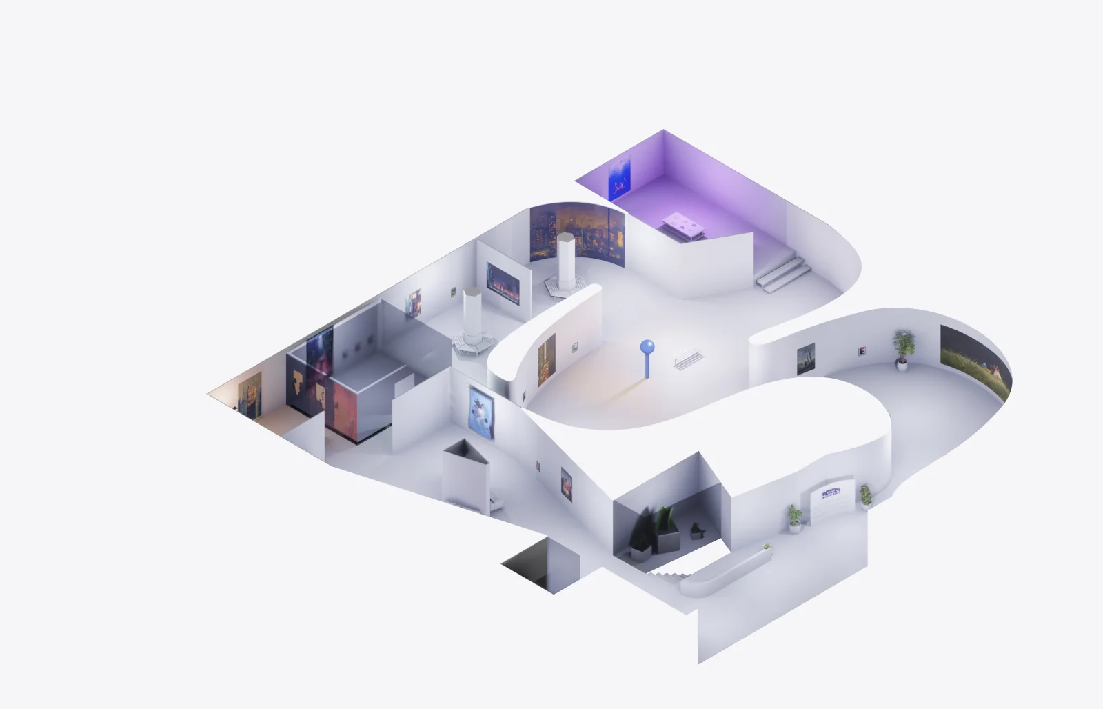 Isometric cutaway of a white gallery, its curved rooms hung with lit artwork