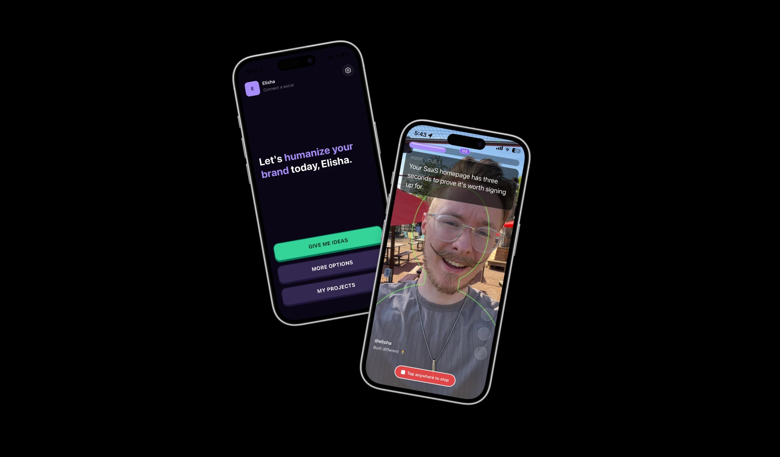 Two InstaClip phone screens — the idea prompt and a recording in progress
