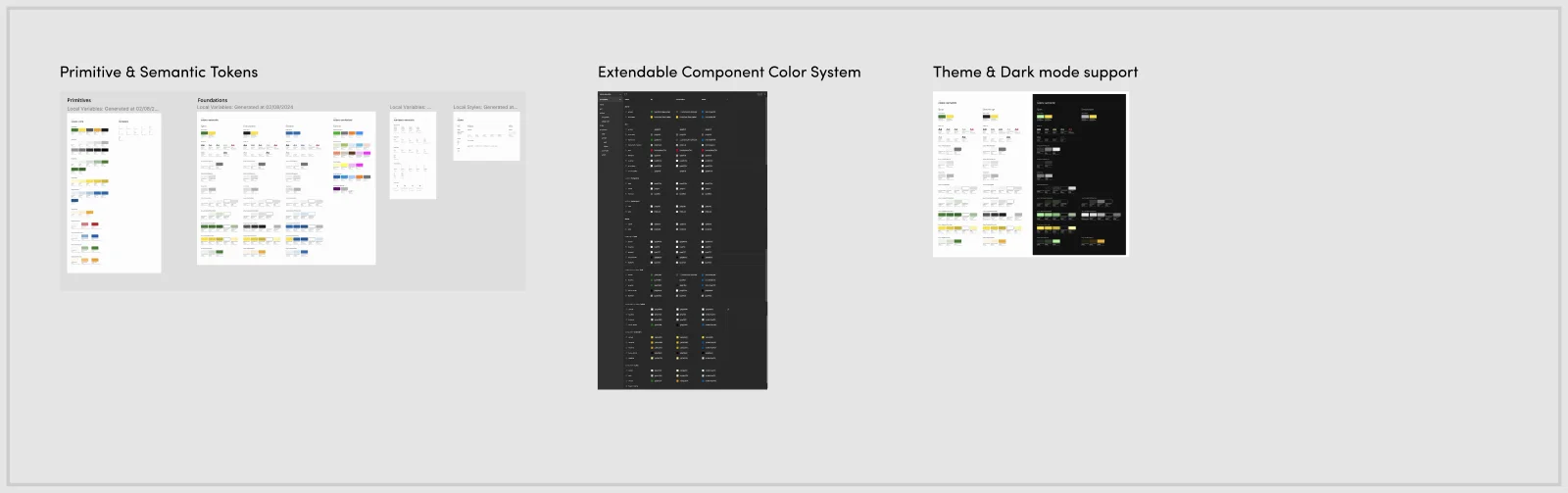 Screenshots showing primitive and semantic token panels, the extendable component color system in Figma's variables UI, and theme and dark mode support
