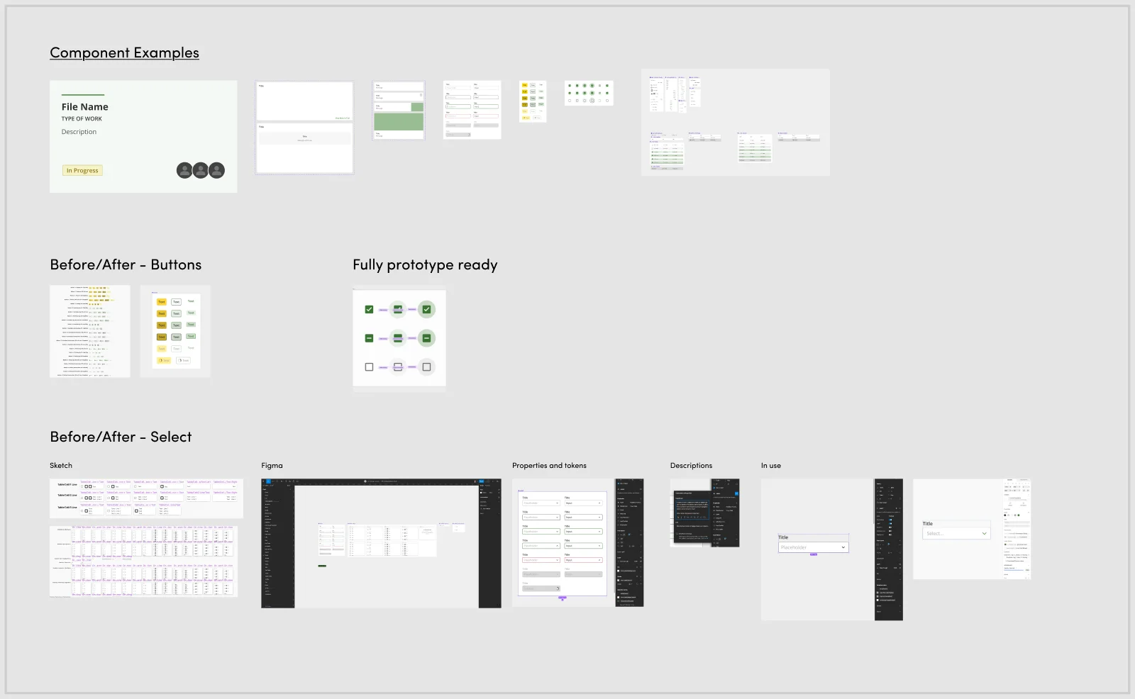 Component library examples including cards, text fields, buttons, and checkboxes, plus before/after comparisons for buttons and select fields showing the Sketch-to-Figma migration