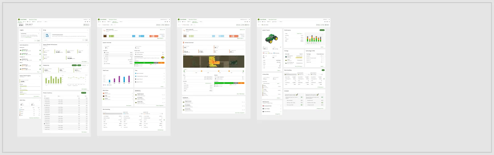 Shipped John Deere Operations Center product screens — season overview, harvest overview with field map, and equipment performance dashboards — all built on the design system's components and tokens