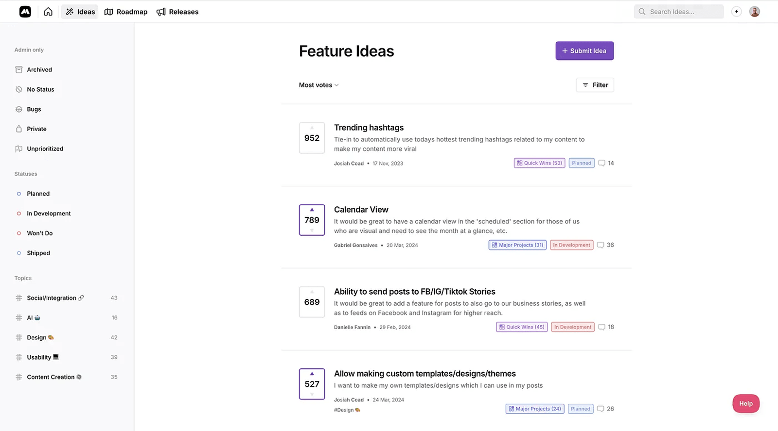 Frill feature voting board showing top user-requested features