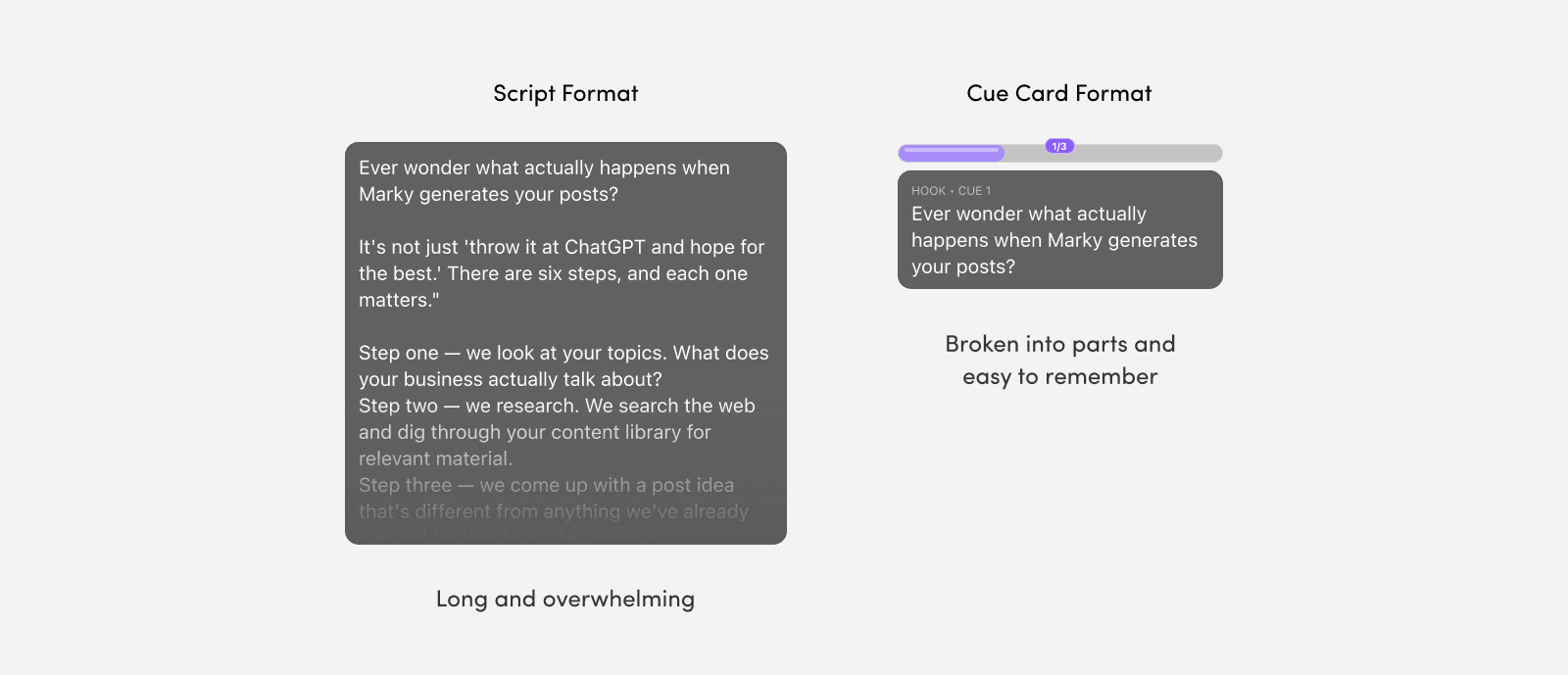 Comparison of a traditional scrolling teleprompter script versus InstaClip's cue card system