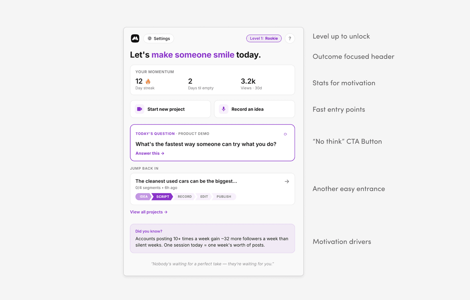 V1 home screen — the web-based prototype built in a weekend