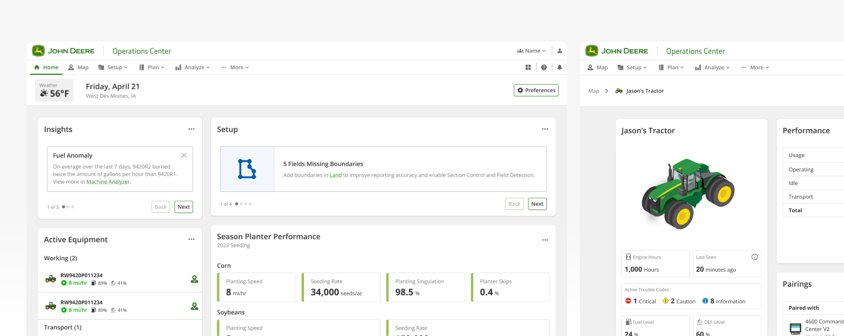 Shipped John Deere Operations Center screens: a season overview with insights, field setup and planter performance, beside an individual machine's performance and pairings, all built on the design system's components and tokens