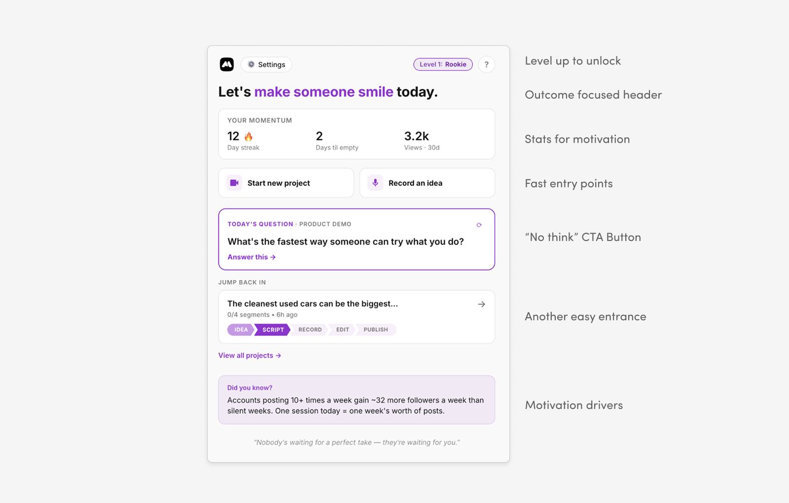 V1 home screen — the web-based prototype built in a weekend