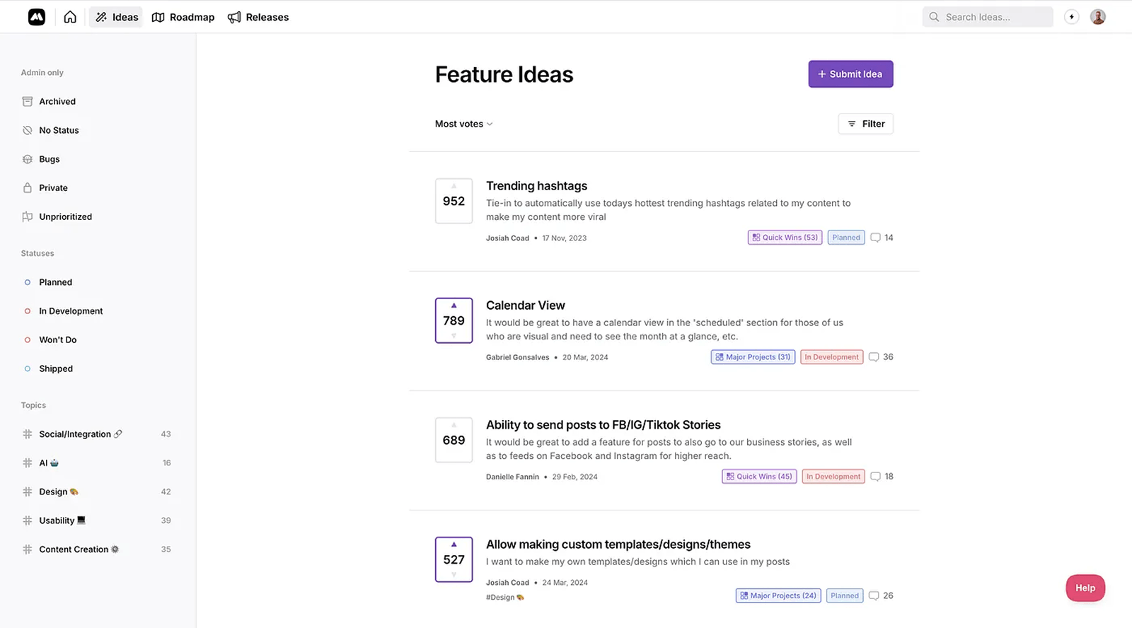 Frill feature voting board showing top user-requested features